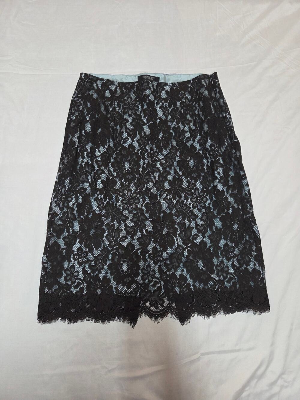 Karen Kane Black Lace Pencil Skirt with Light Blue Lining